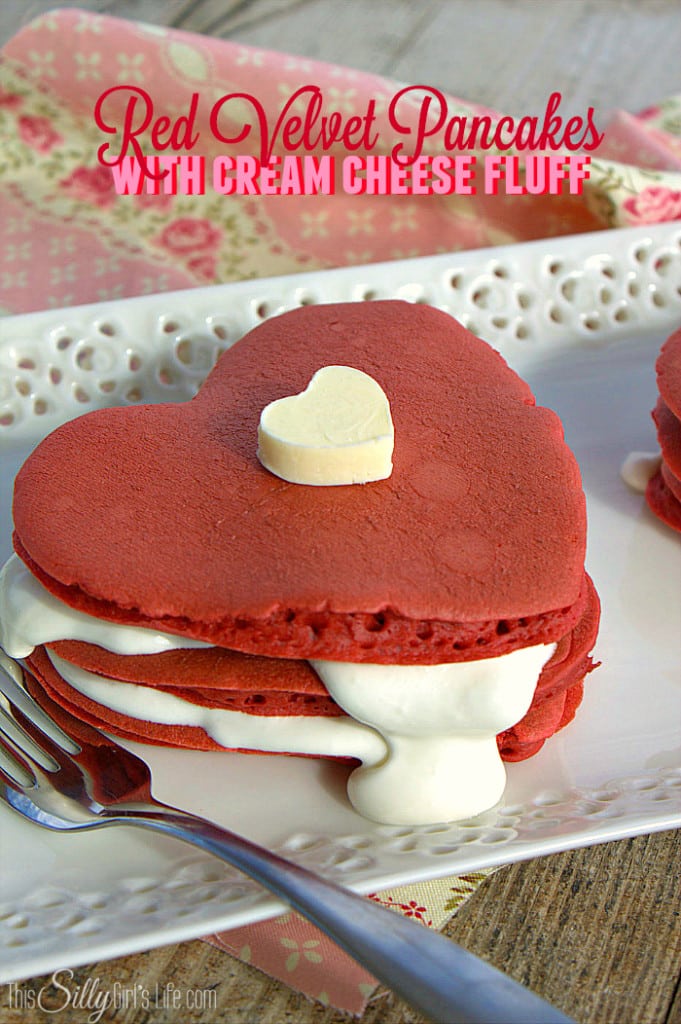 Red Velvet Pancakes with Cream Cheese Fluff, surprise your sweetie or little ones with a sweet treat for Valentine's Day breakfast! - ThisSillyGirlsLife.com