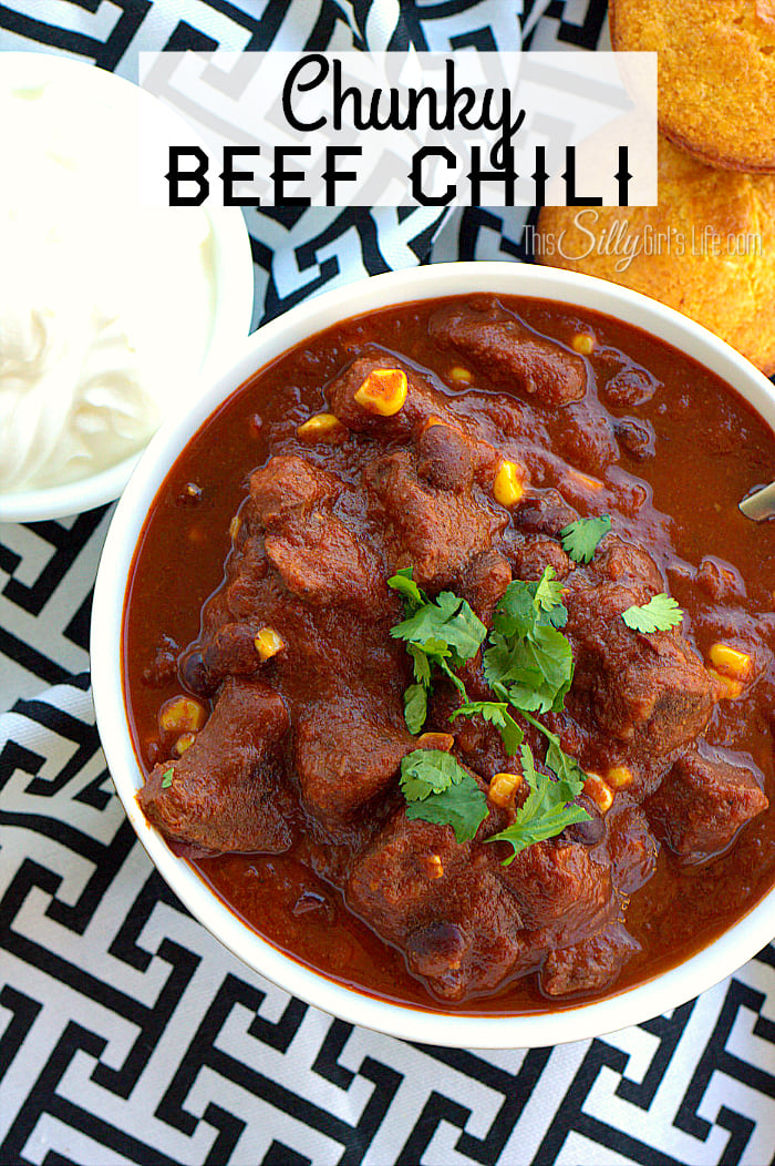 Chunky Beef Chili, big, tender chunks of beef simmered for hours with corn and black beans. Warm and comforting, perfect for cold winter nights! - ThisSillyGirlsLife.com