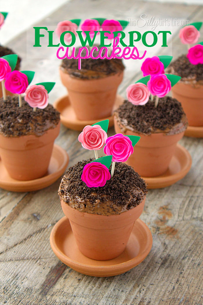 Flowerpot Cupcakes, chocolate devil's food cake baked in mini terracotta flower pots, topped with frosting, Oreo crumbs and pretty paper flowers to mimic flowerpots! - ThisSillyGirlsLife.com #FlowerpotCupcakes