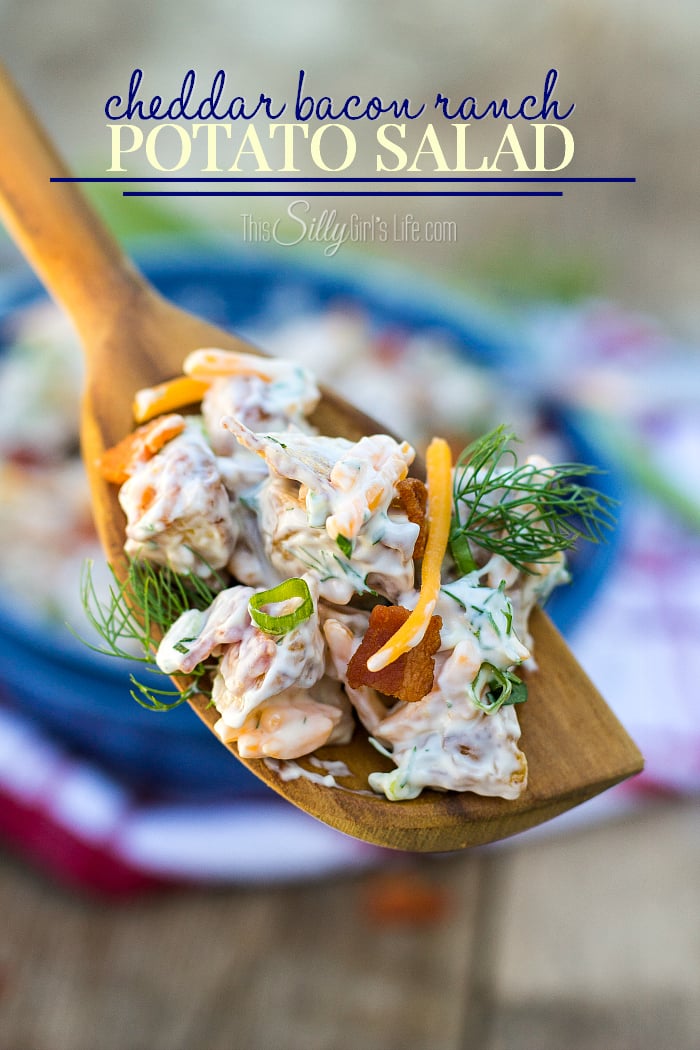 Cheddar Bacon Ranch Potato Salad, the name says it all, roasted potatoes combined in a creamy dressing with fresh dill and scallions! -- ThisSillyGirlsLife.com #sponsored #ad #boldbacon