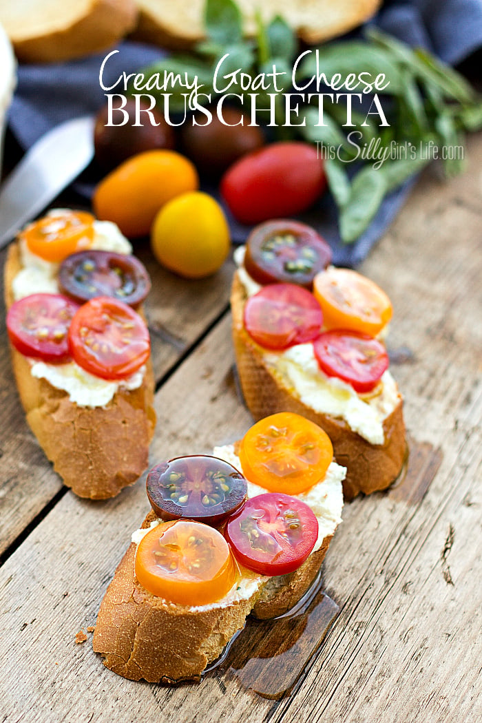 Creamy Goat Cheese Bruschetta, goat cheese and cottage cheese blended together pinterest image with text overlay