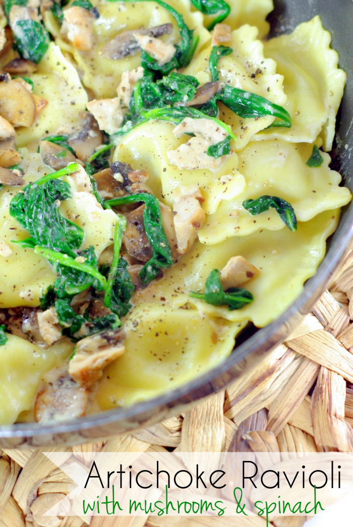  Artichoke Ravioli with Mushrooms and Spinach, an easy delicious weeknight meal ready in 30 minutes!