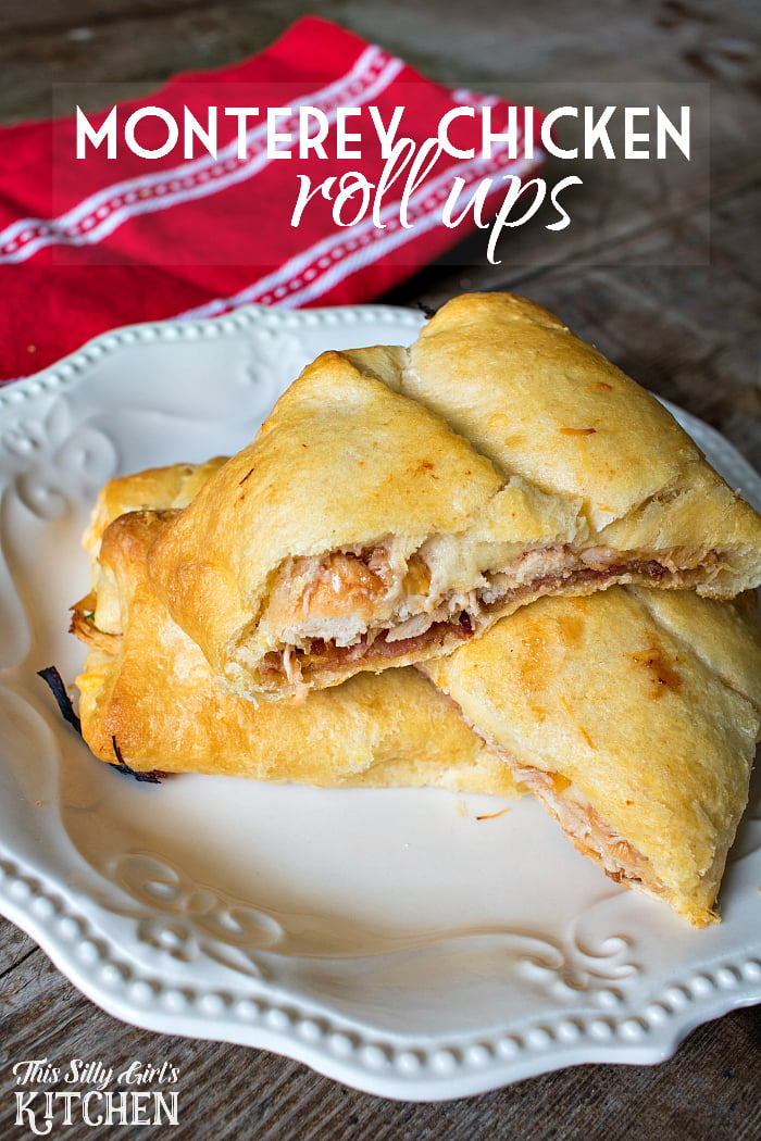 Monterey Chicken Roll Ups, crescent rolls stuffed with bbq chicken, cheese and BACON... drool. from ThisSillyGirlsLife.com